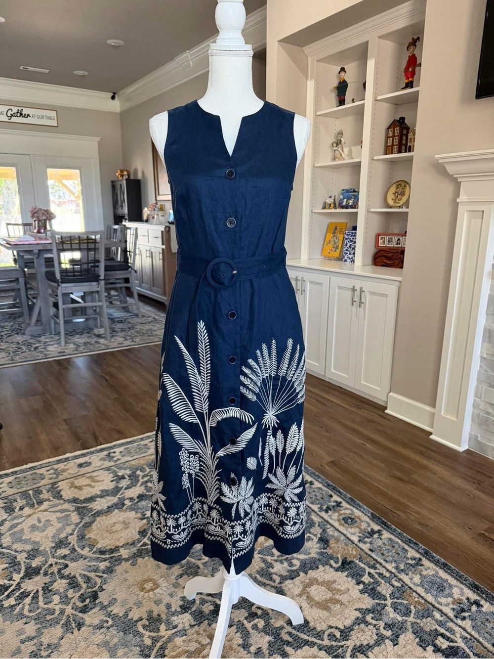 Navy Sleeveless Midi Dress with White Botanical Embroidery